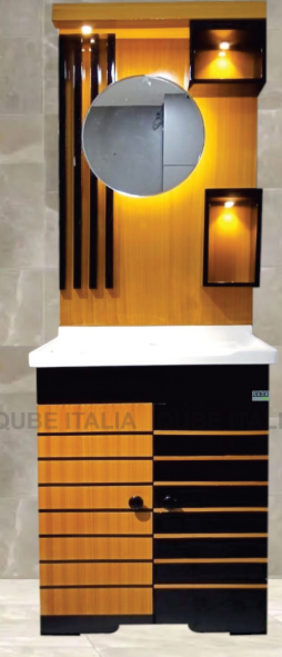 Contemporary Wood-Strip Vanity with LED Mirror