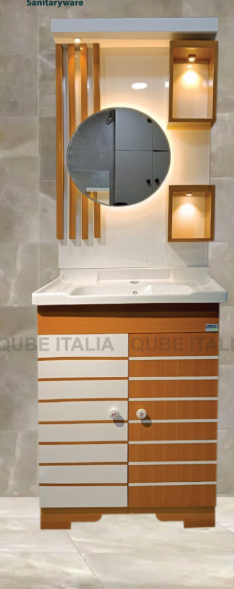 Curved Wood-Strip Vanity with LED Mirror