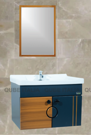 Wall Mounted Wood/Navy Cabinet with Circular Handle