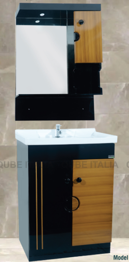 High-Contrast Wood/Black LCD Mirror Cabinet