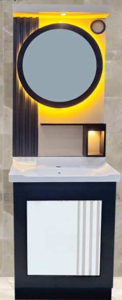 Designer Navy Vanity with Circular LED Mirror