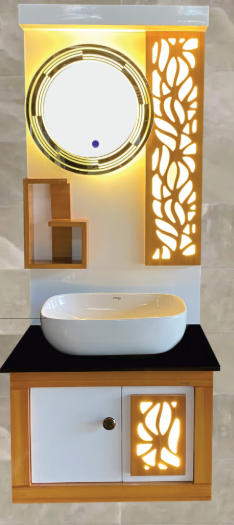 Table Top Vanity with LCD Mirror (White/Wood)